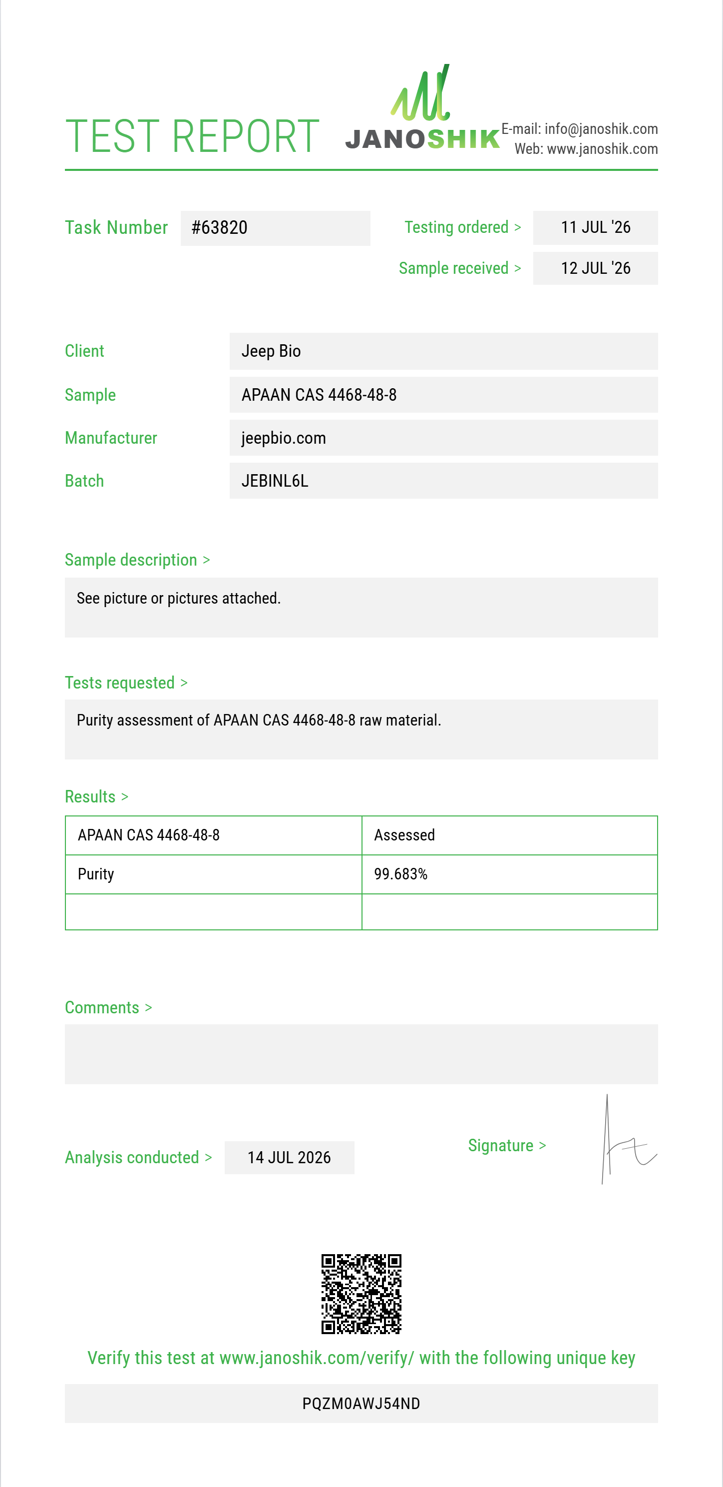 APAAN (alpha-phenylacetoacetonitrile) CAS 4468-48-8 Purity (HPLC) report by Janoshik Analytical