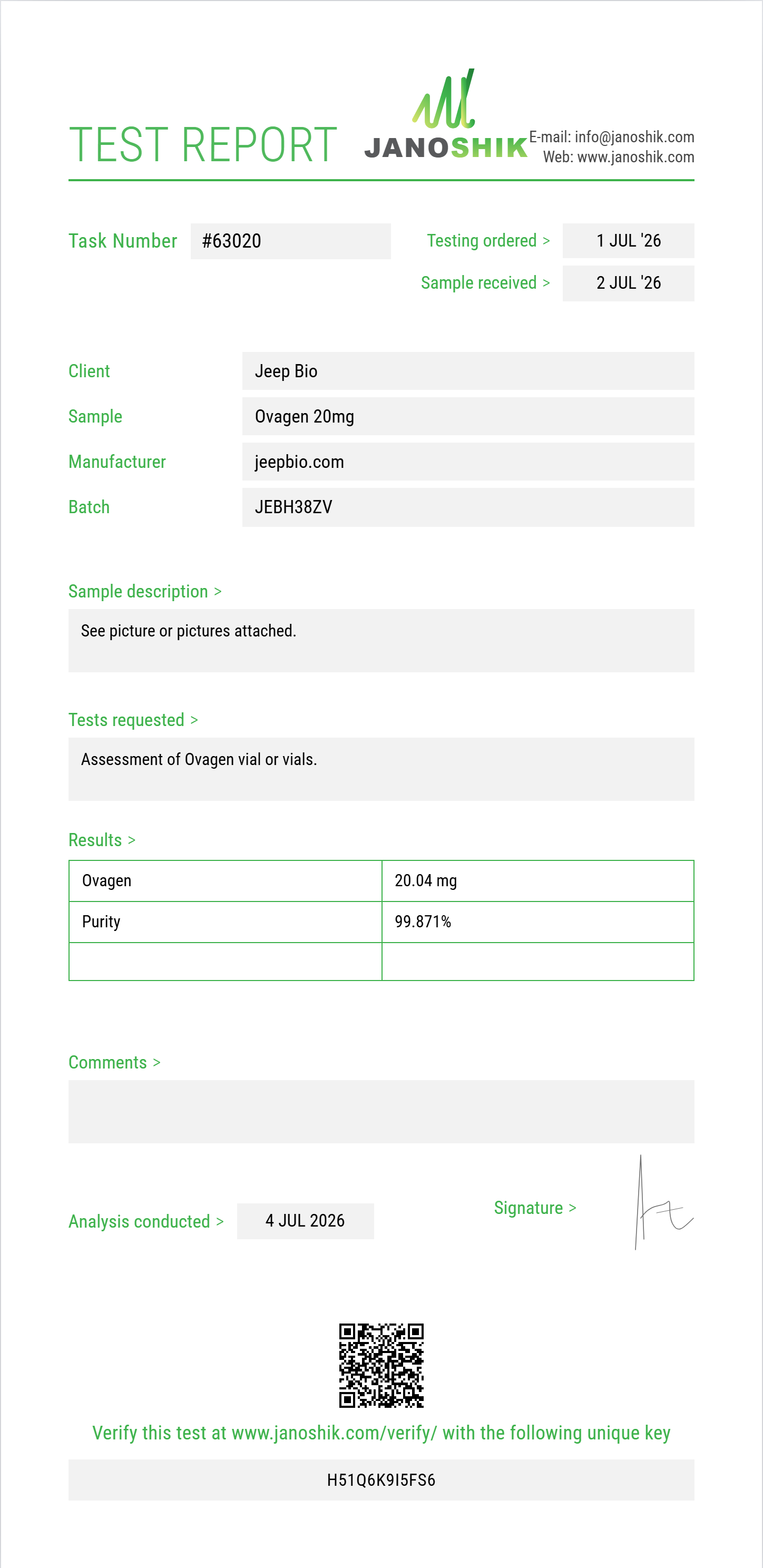 Ovagen Purity (HPLC) report by Janoshik Analytical