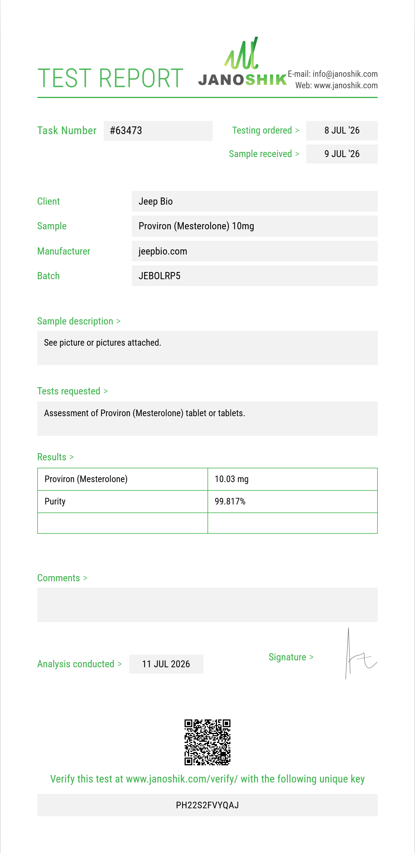 Proviron (Mesterolone) Purity (HPLC) report by Janoshik Analytical