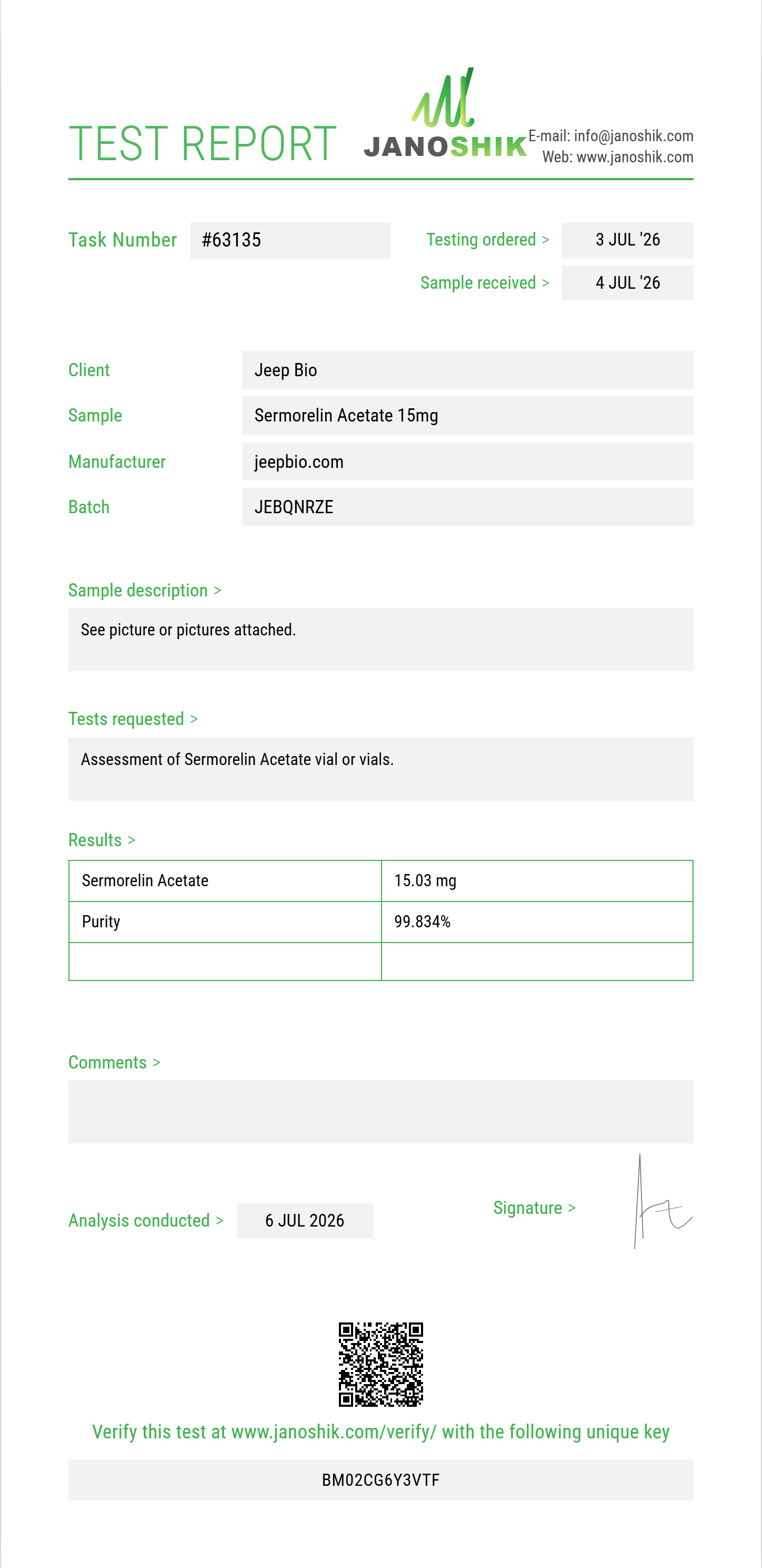 Sermorelin Acetate Purity (HPLC) report by Janoshik Analytical
