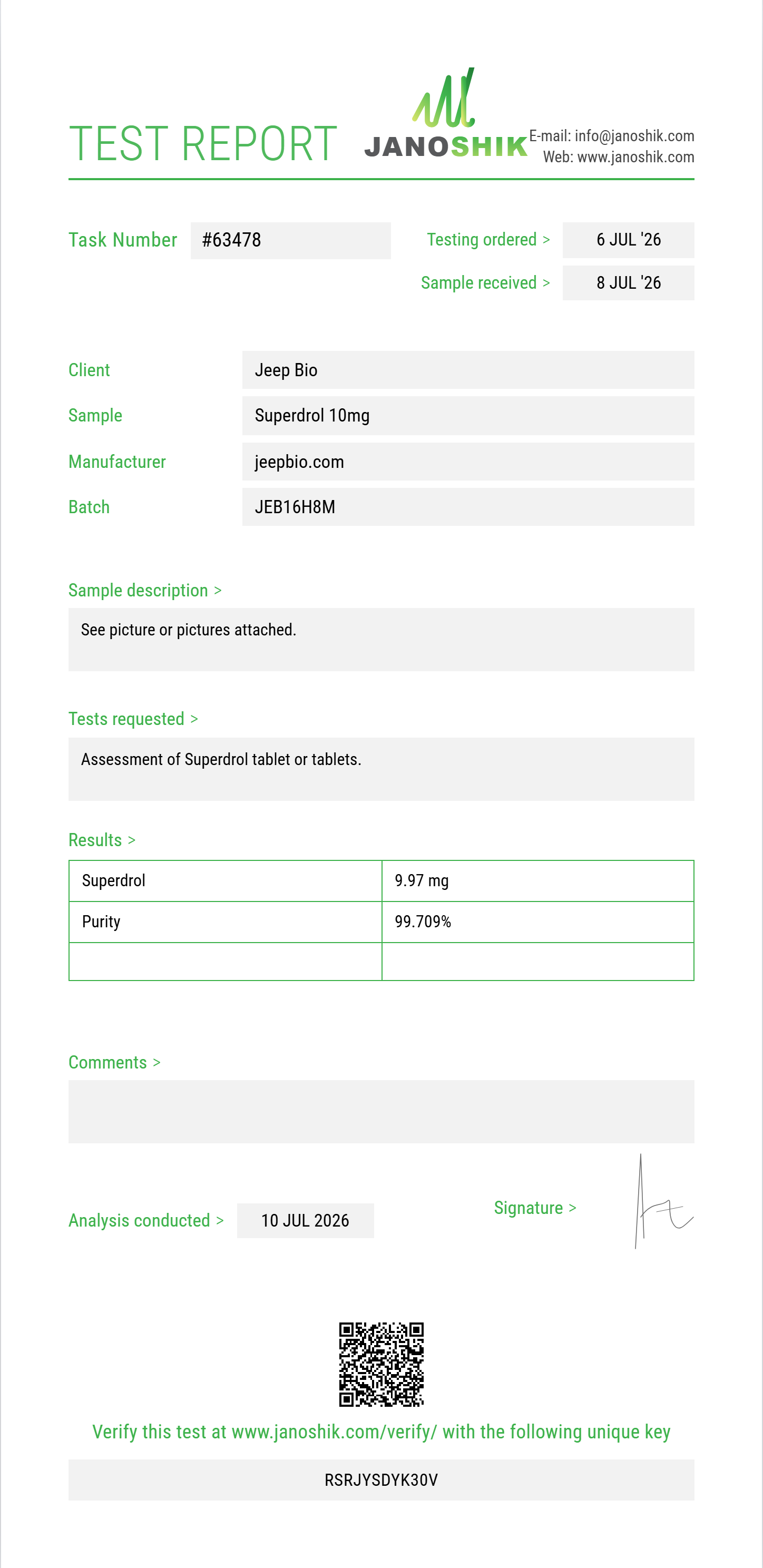 Superdrol Purity (HPLC) report by Janoshik Analytical