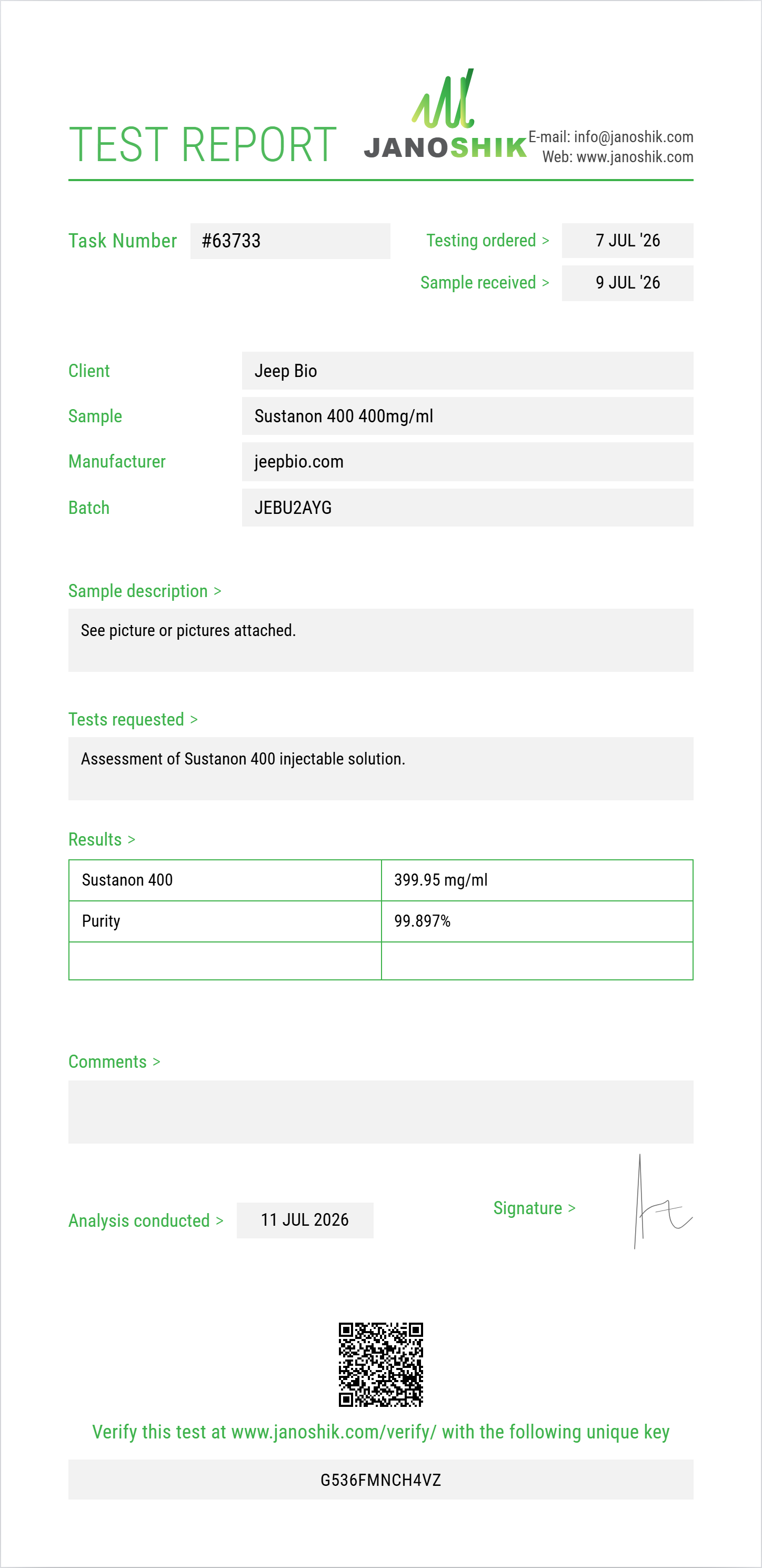 Sustanon 400 Purity (HPLC) report by Janoshik Analytical