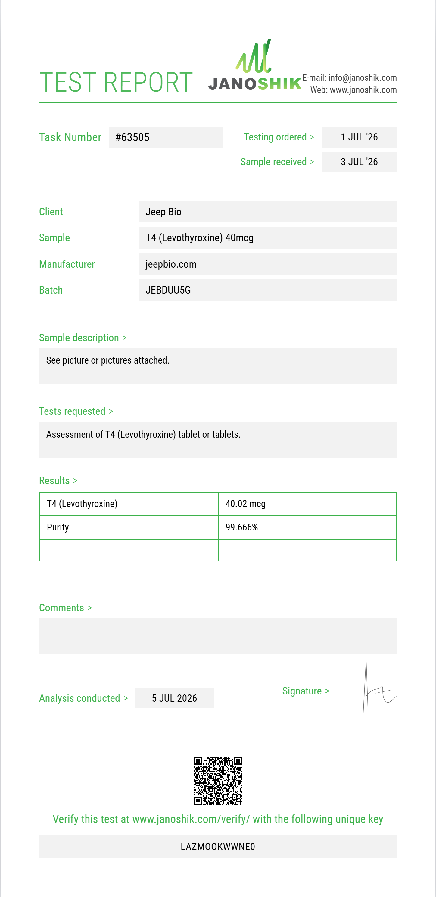 T4 (Levothyroxine) Purity (HPLC) report by Janoshik Analytical