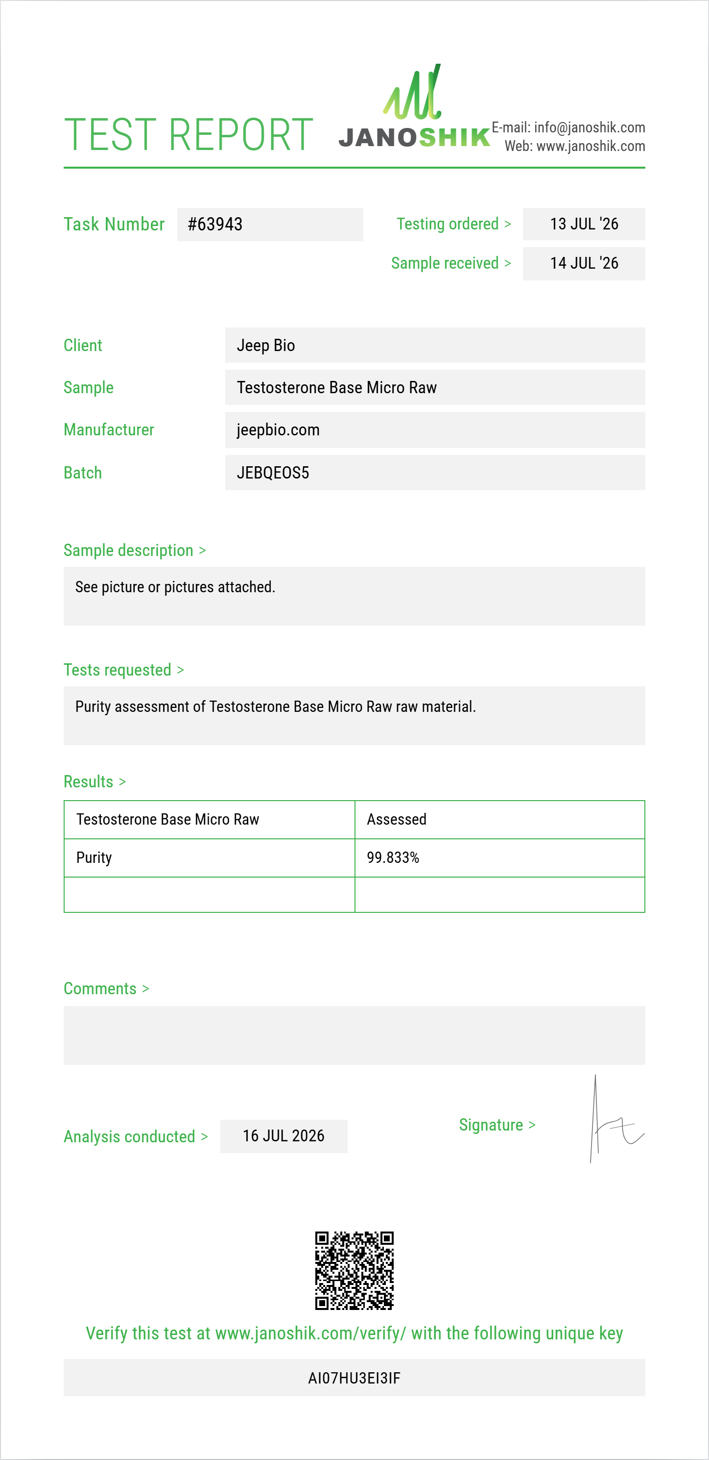 Testosterone Base Micro Raw Purity (HPLC) report by Janoshik Analytical