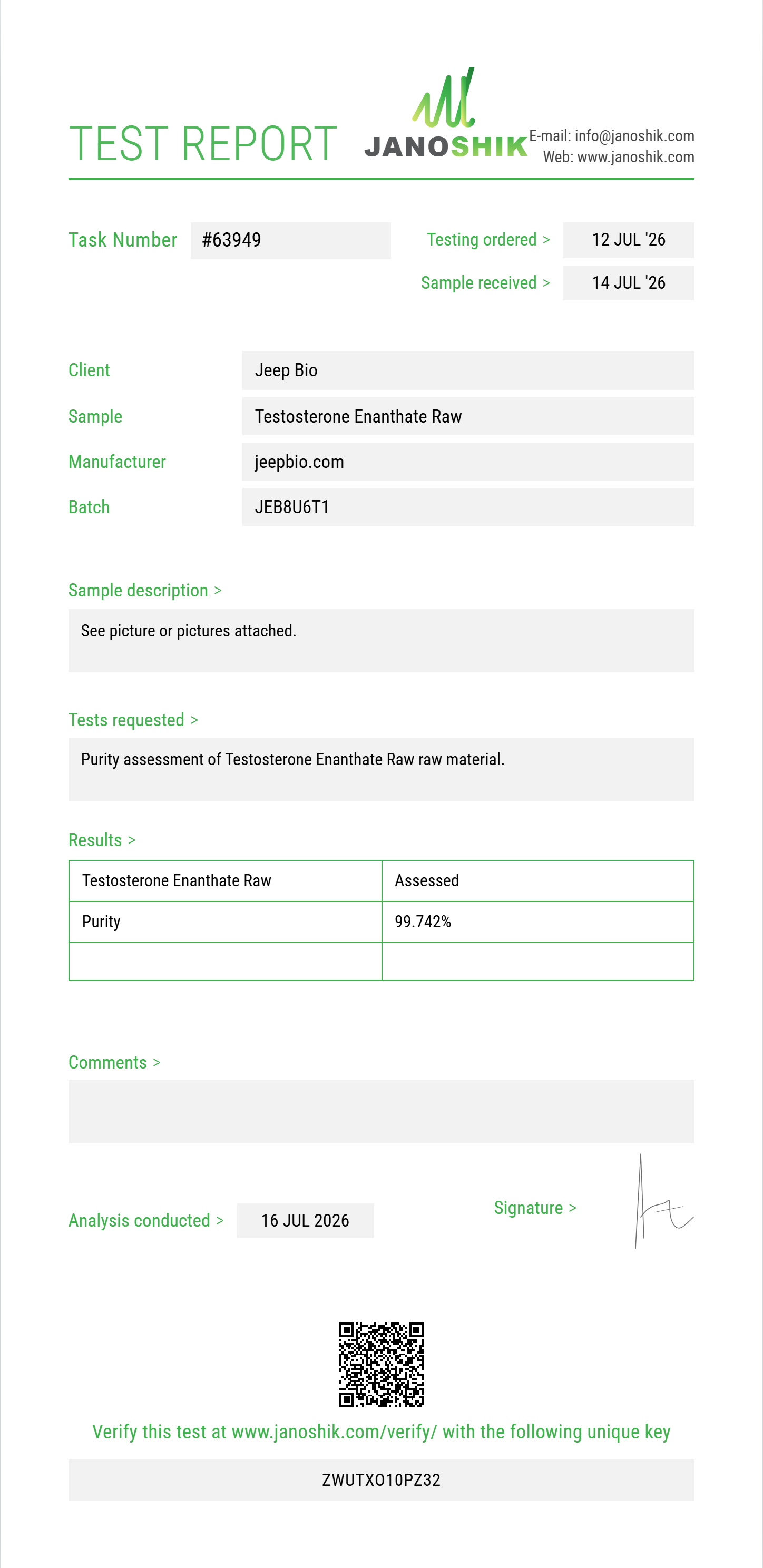 Testosterone Enanthate Raw Purity (HPLC) report by Janoshik Analytical
