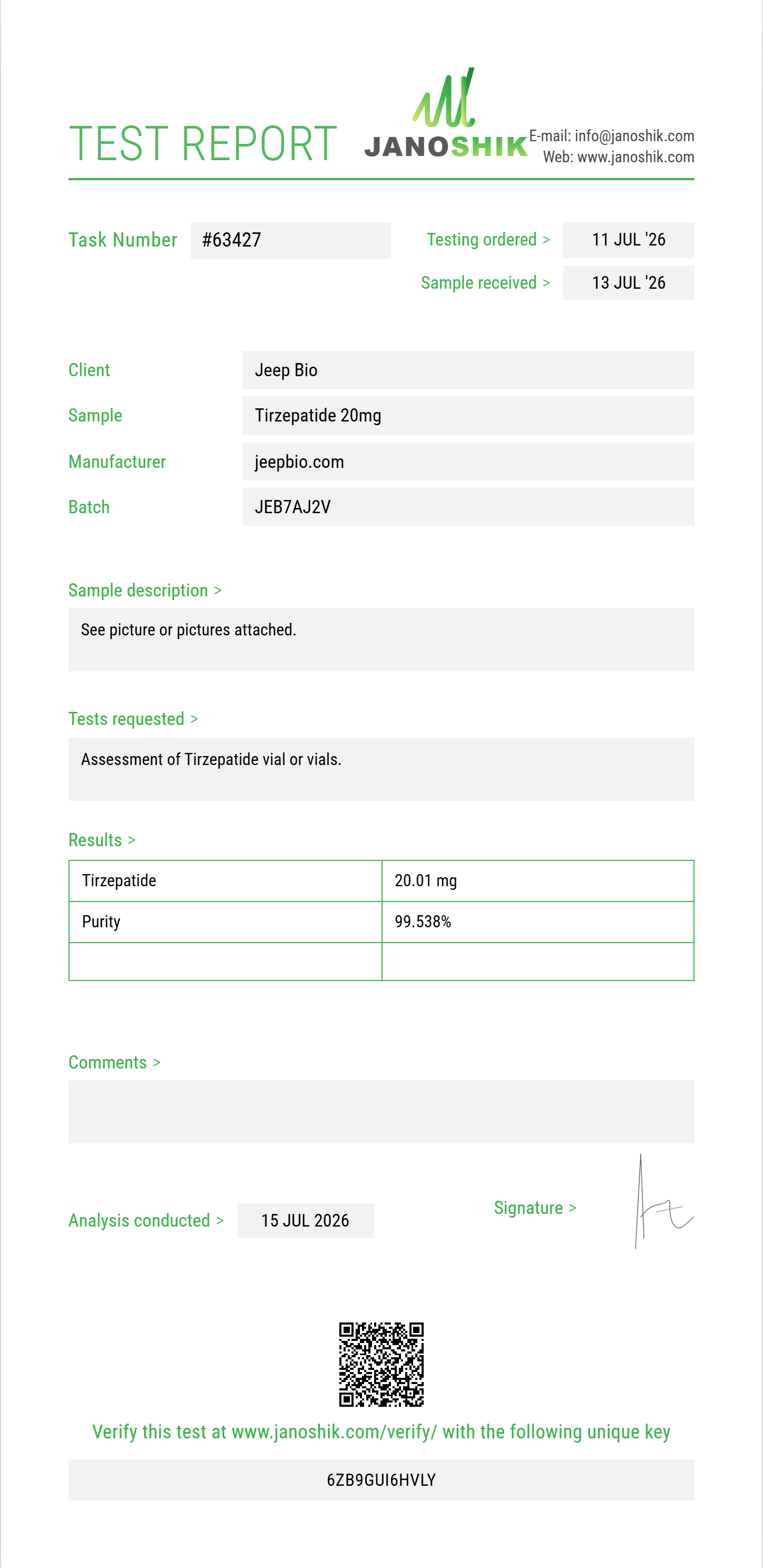 Tirzepatide Purity (HPLC) report by Janoshik Analytical