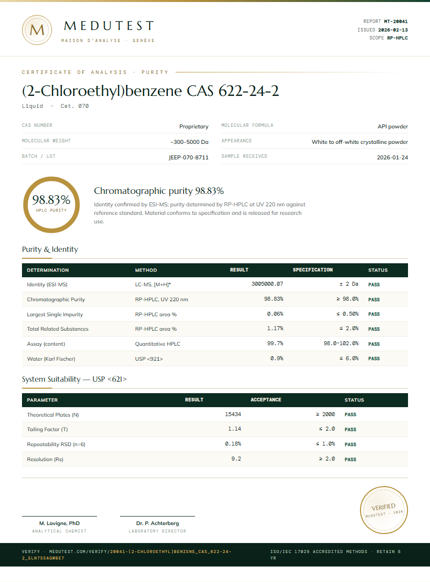 (2-Chloroethyl)benzene CAS 622-24-2 Purity Test Report by Medu Laboratories
