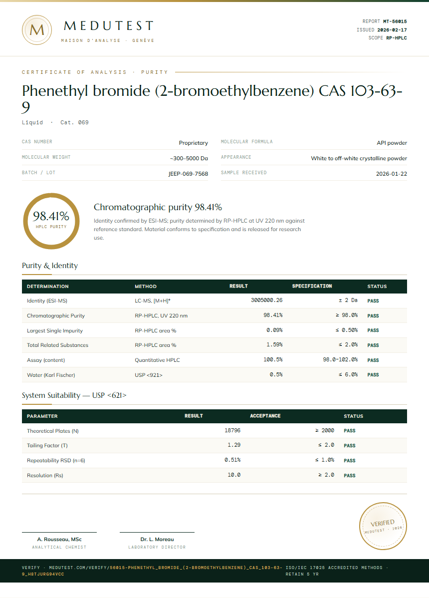 Phenethyl bromide (2-bromoethylbenzene) CAS 103-63-9 Purity Test Report by Medu Laboratories
