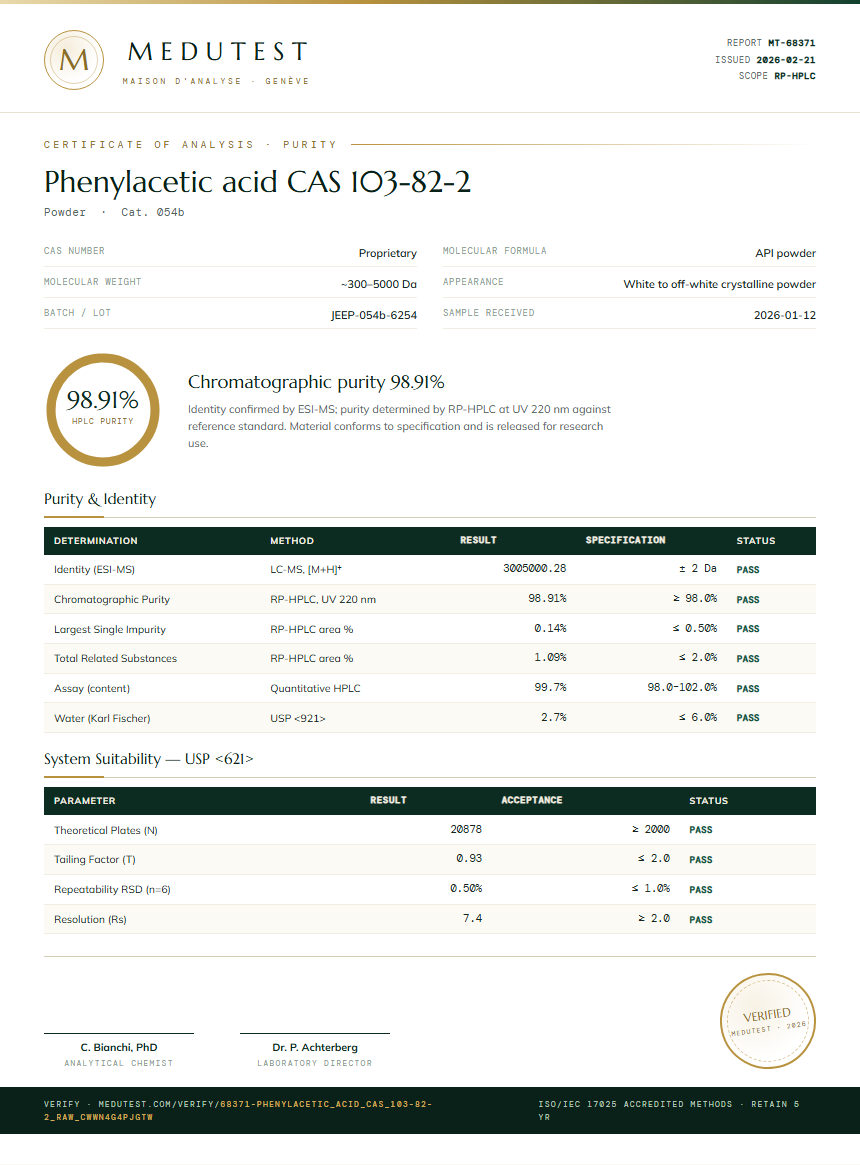 Phenylacetic acid CAS 103-82-2 Purity Test Report by Medu Laboratories