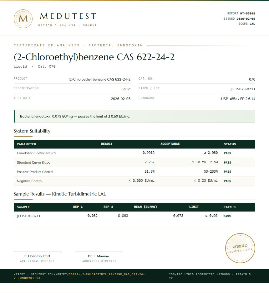 (2-Chloroethyl)benzene CAS 622-24-2 Endotoxin report by Medu Laboratories