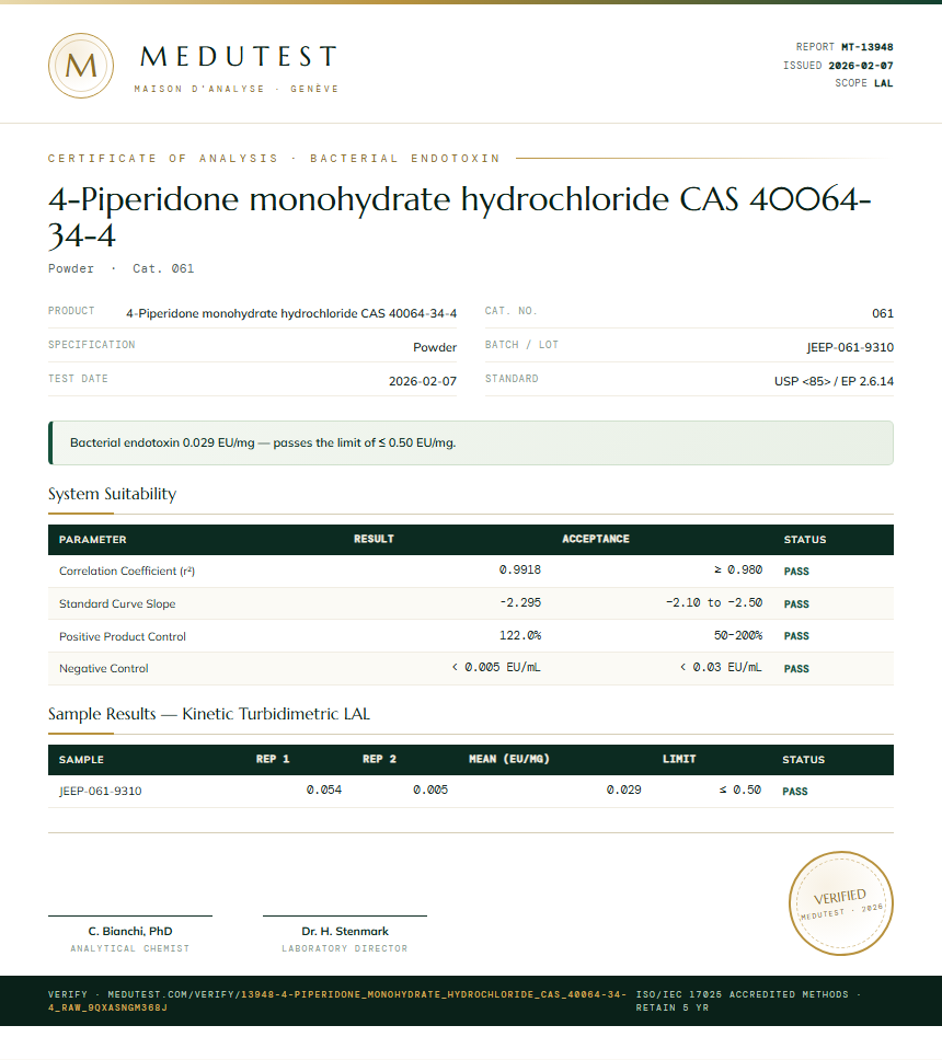 4-Piperidone monohydrate hydrochloride CAS 40064-34-4 Endotoxin report by Medu Laboratories