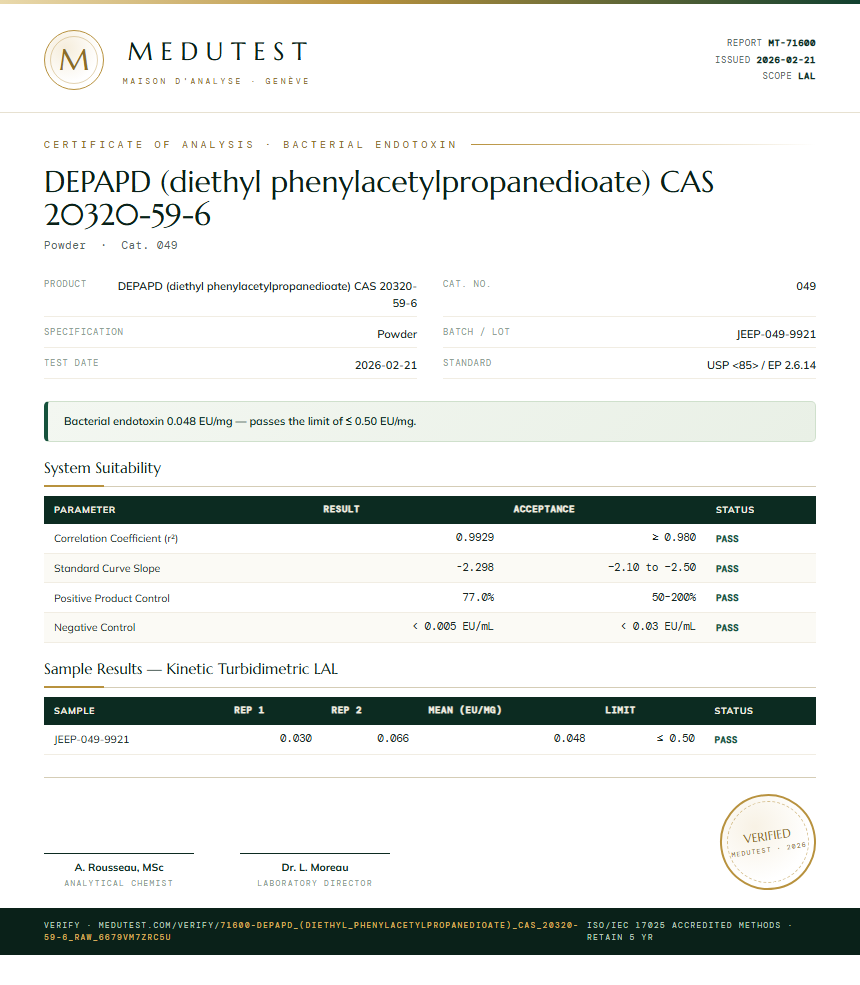 DEPAPD (diethyl phenylacetylpropanedioate) CAS 20320-59-6 Endotoxin report by Medu Laboratories