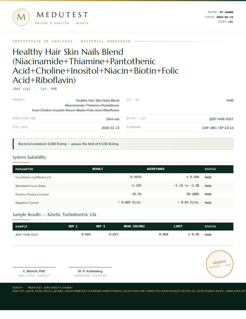 Healthy Hair Skin Nails Blend (Niacinamide+Thiamine+Pantothenic Acid+Choline+Inositol+Niacin+Biotin+Folic Acid+Riboflavin) Endotoxin report by Medu Laboratories