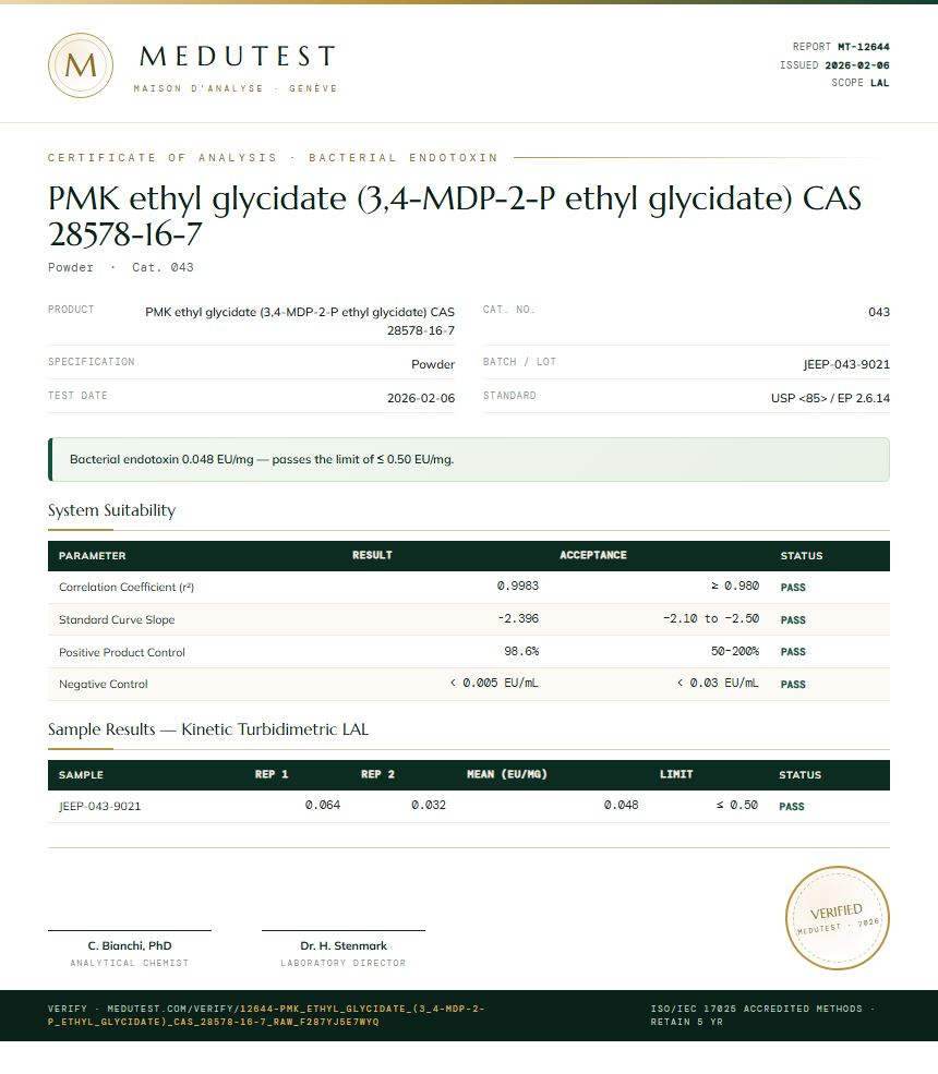 PMK ethyl glycidate (3,4-MDP-2-P ethyl glycidate) CAS 28578-16-7 Endotoxin report by Medu Laboratories