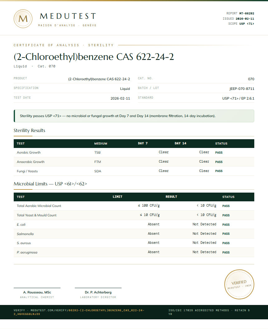 (2-Chloroethyl)benzene CAS 622-24-2 Sterility report by Medu Laboratories