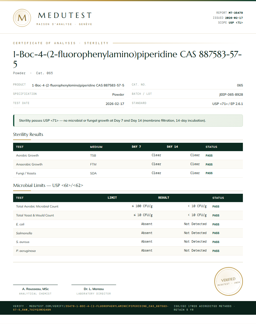 1-Boc-4-(2-fluorophenylamino)piperidine CAS 887583-57-5 Sterility report by Medu Laboratories