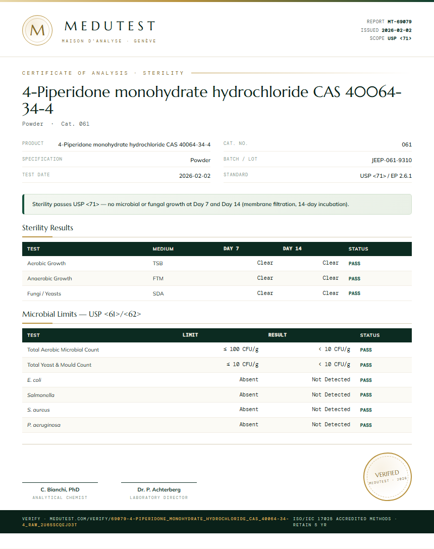 4-Piperidone monohydrate hydrochloride CAS 40064-34-4 Sterility report by Medu Laboratories
