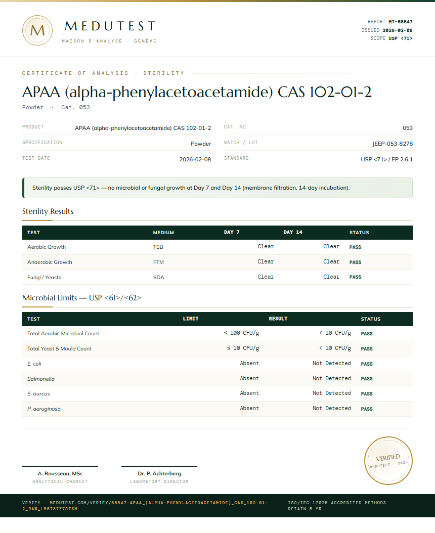 APAA (alpha-phenylacetoacetamide) CAS 102-01-2 Sterility report by Medu Laboratories