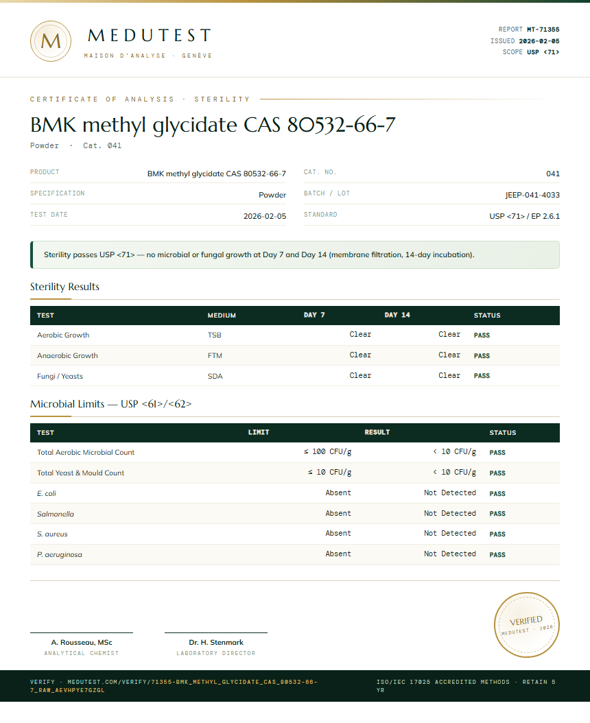BMK methyl glycidate CAS 80532-66-7 Sterility report by Medu Laboratories