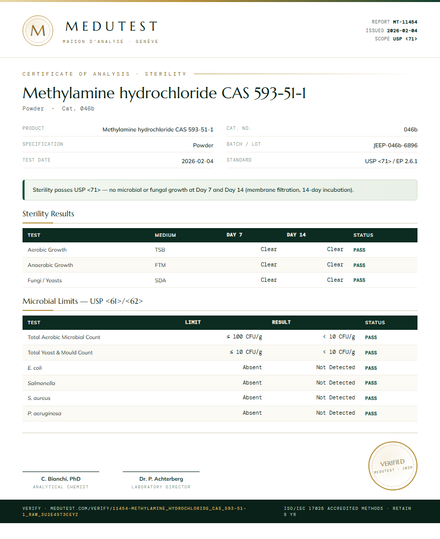 Methylamine hydrochloride CAS 593-51-1 Sterility report by Medu Laboratories