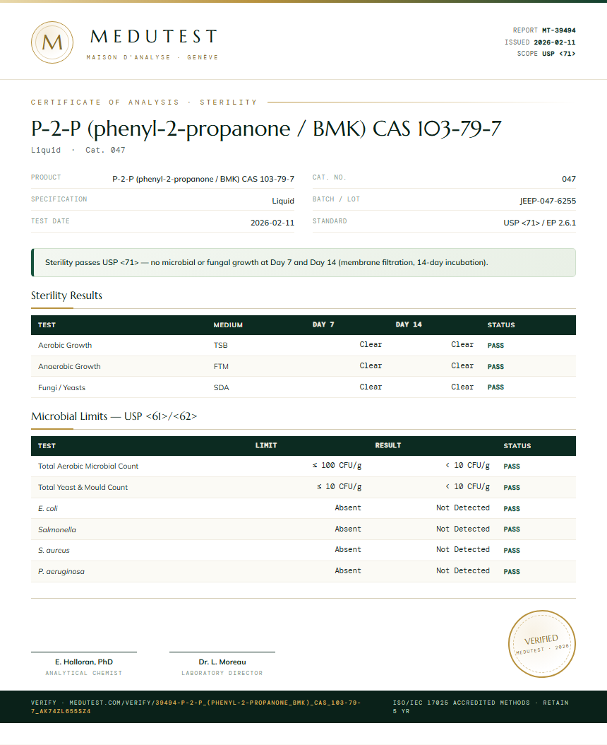 P-2-P (phenyl-2-propanone / BMK) CAS 103-79-7 Sterility report by Medu Laboratories