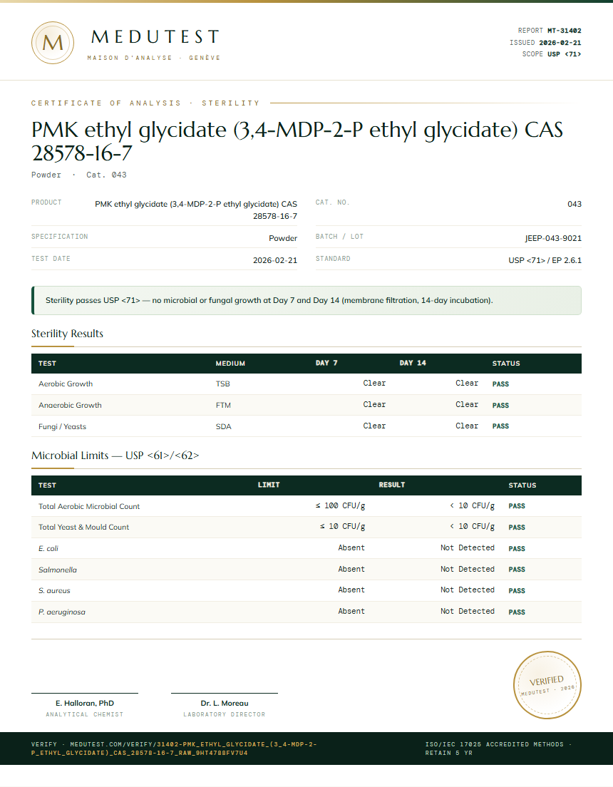 PMK ethyl glycidate (3,4-MDP-2-P ethyl glycidate) CAS 28578-16-7 Sterility report by Medu Laboratories