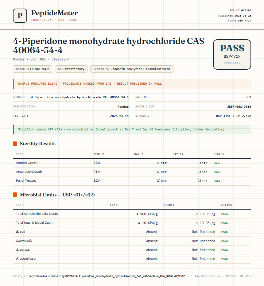 4-Piperidone monohydrate hydrochloride CAS 40064-34-4 Sterility report by PeptideDetective
