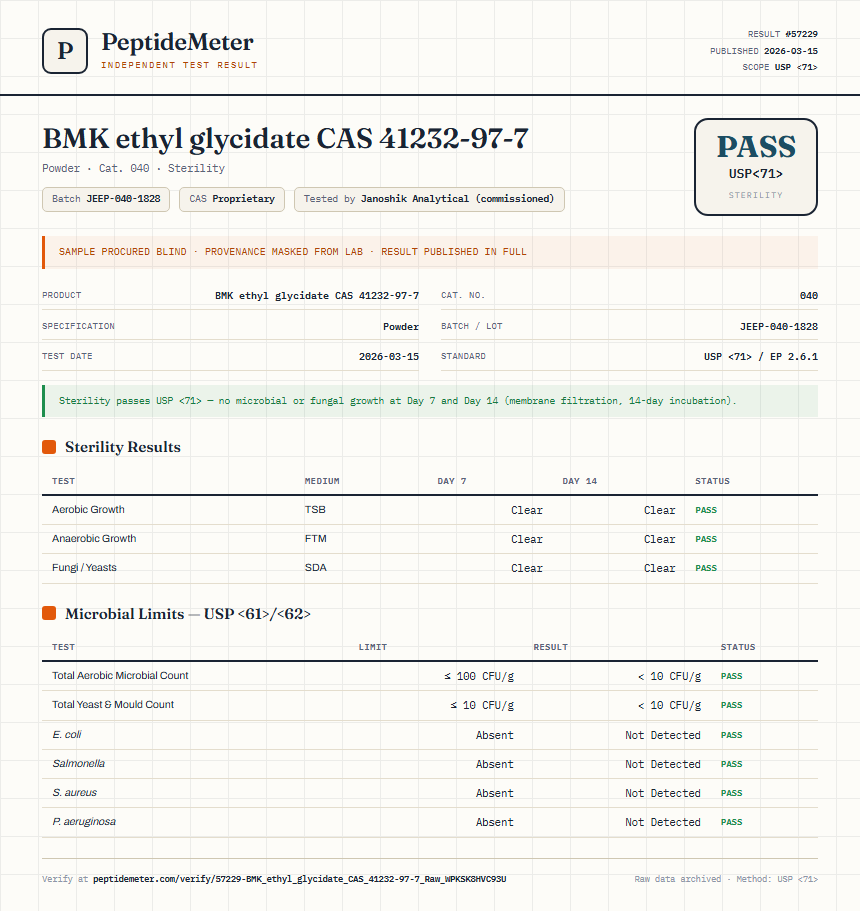 BMK ethyl glycidate CAS 41232-97-7 Sterility report by PeptideDetective