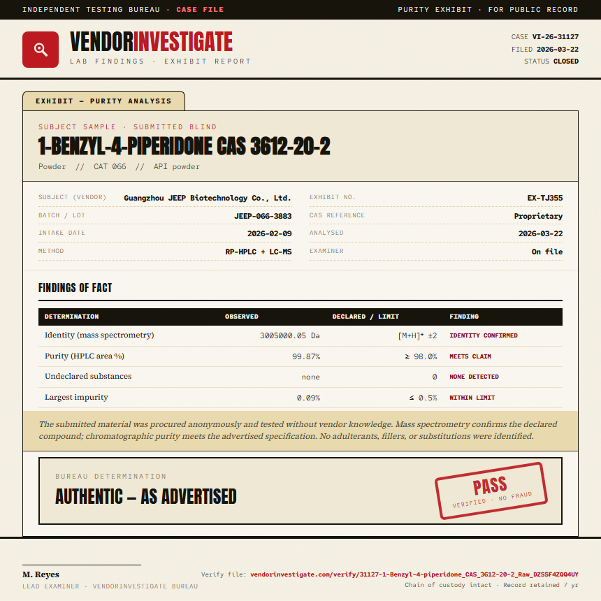 1-Benzyl-4-piperidone CAS 3612-20-2 Purity (HPLC) report by VendorInvestigator