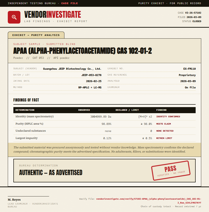 APAA (alpha-phenylacetoacetamide) CAS 102-01-2 Purity (HPLC) report by VendorInvestigator