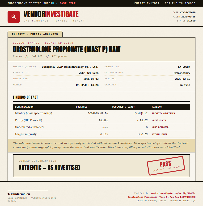 Drostanolone Propionate (Mast P) Raw Purity (HPLC) report by VendorInvestigator