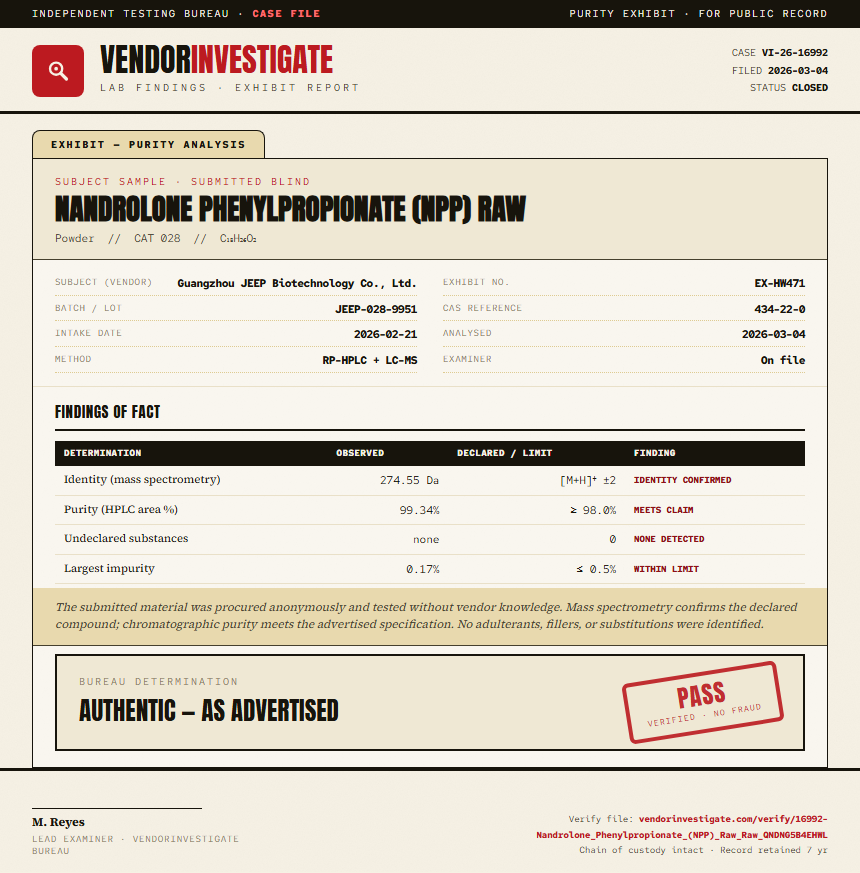 Nandrolone Phenylpropionate (NPP) Raw Purity (HPLC) report by VendorInvestigator