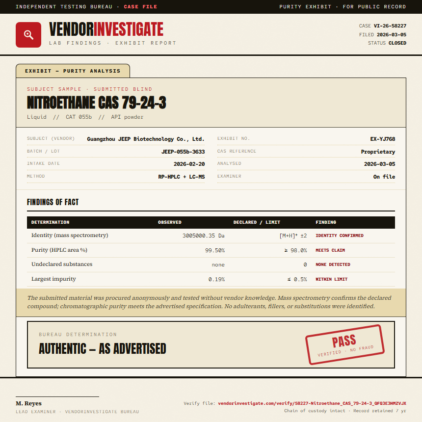 Nitroethane CAS 79-24-3 Purity (HPLC) report by VendorInvestigator