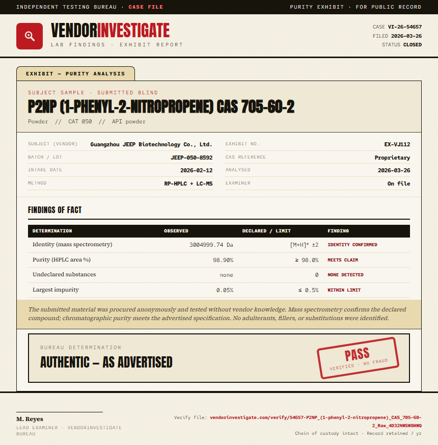 P2NP (1-phenyl-2-nitropropene) CAS 705-60-2 Purity (HPLC) report by VendorInvestigator