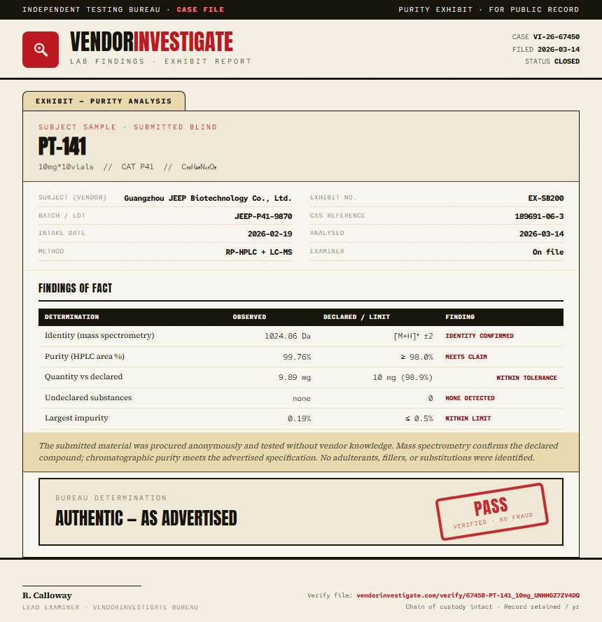 PT-141 Purity (HPLC) report by VendorInvestigator