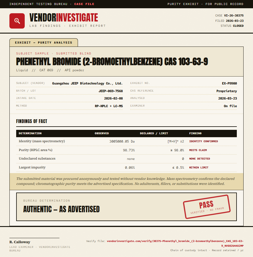 Phenethyl bromide (2-bromoethylbenzene) CAS 103-63-9 Purity (HPLC) report by VendorInvestigator