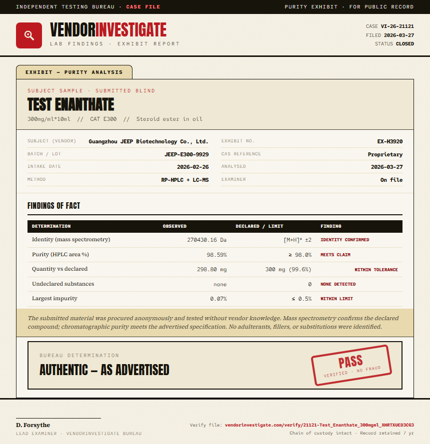 Test Enanthate Purity (HPLC) report by VendorInvestigator