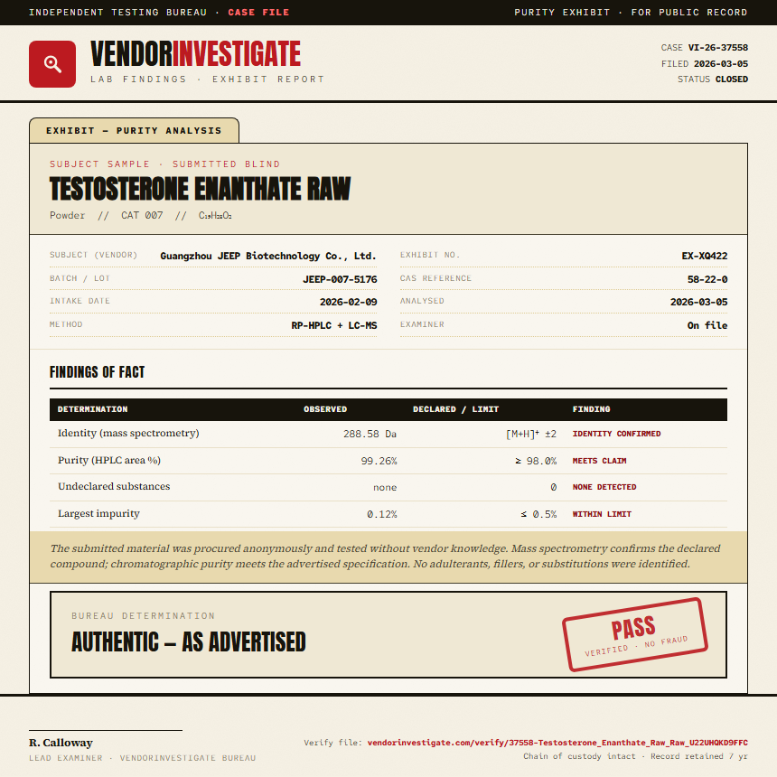Testosterone Enanthate Raw Purity (HPLC) report by VendorInvestigator