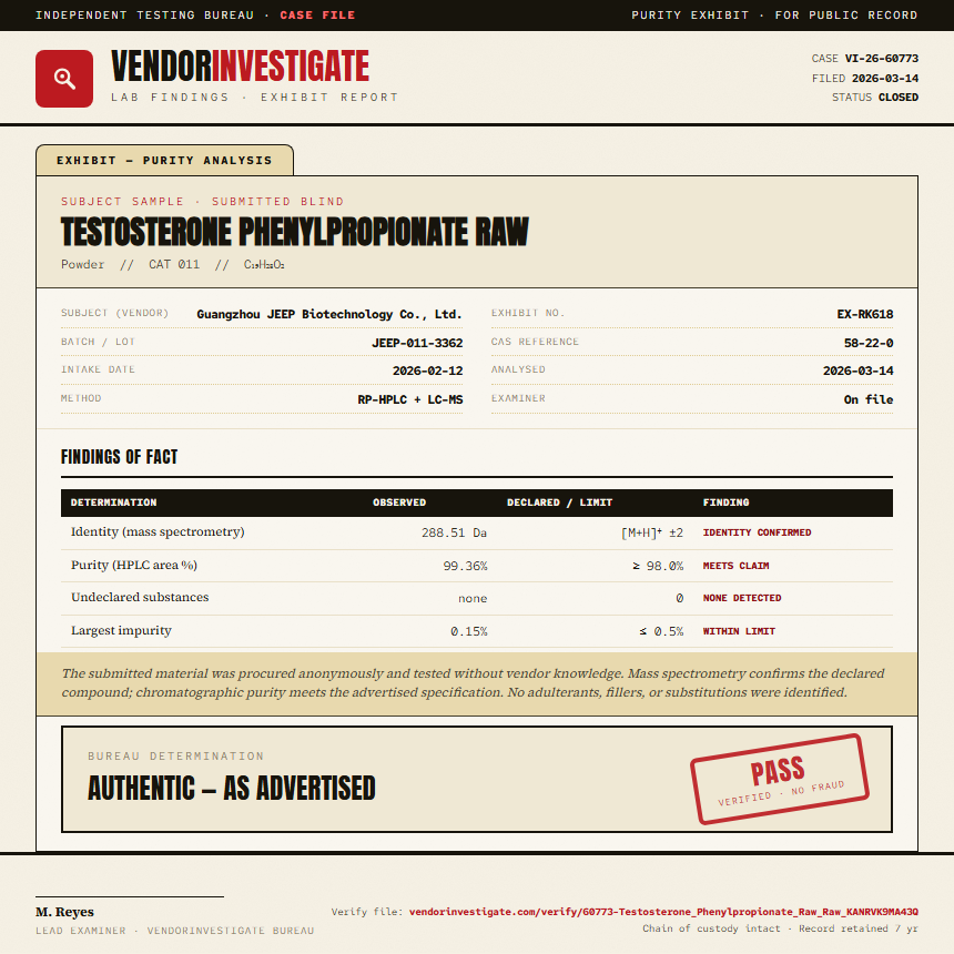 Testosterone Phenylpropionate Raw Purity (HPLC) report by VendorInvestigator