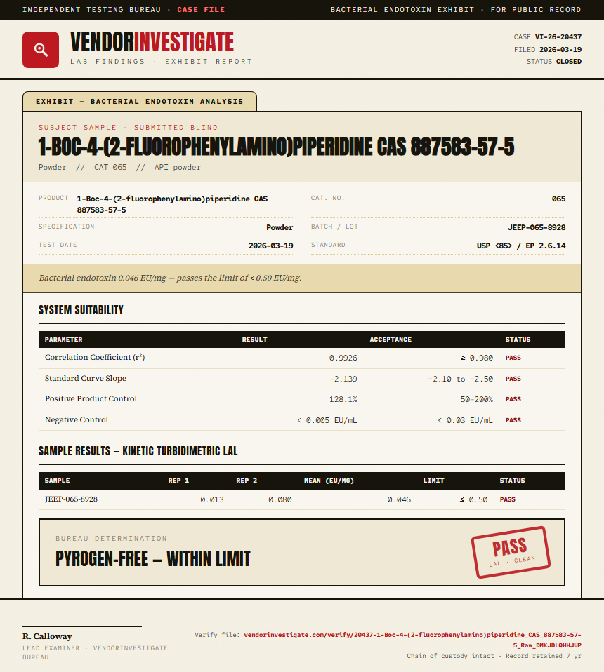 1-Boc-4-(2-fluorophenylamino)piperidine CAS 887583-57-5 Endotoxin report by VendorInvestigator