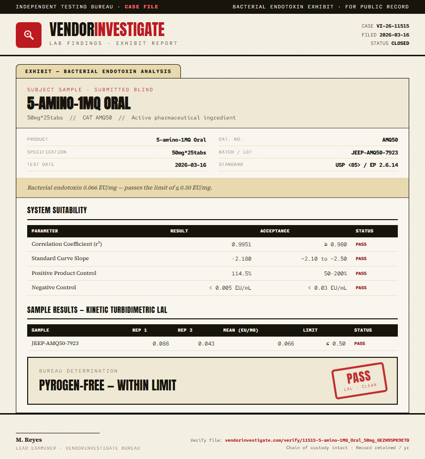 5-amino-1MQ Oral Endotoxin report by VendorInvestigator