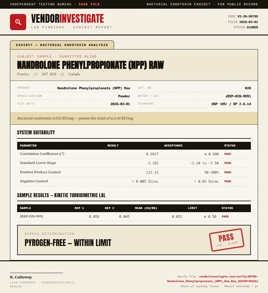 Nandrolone Phenylpropionate (NPP) Raw Endotoxin report by VendorInvestigator