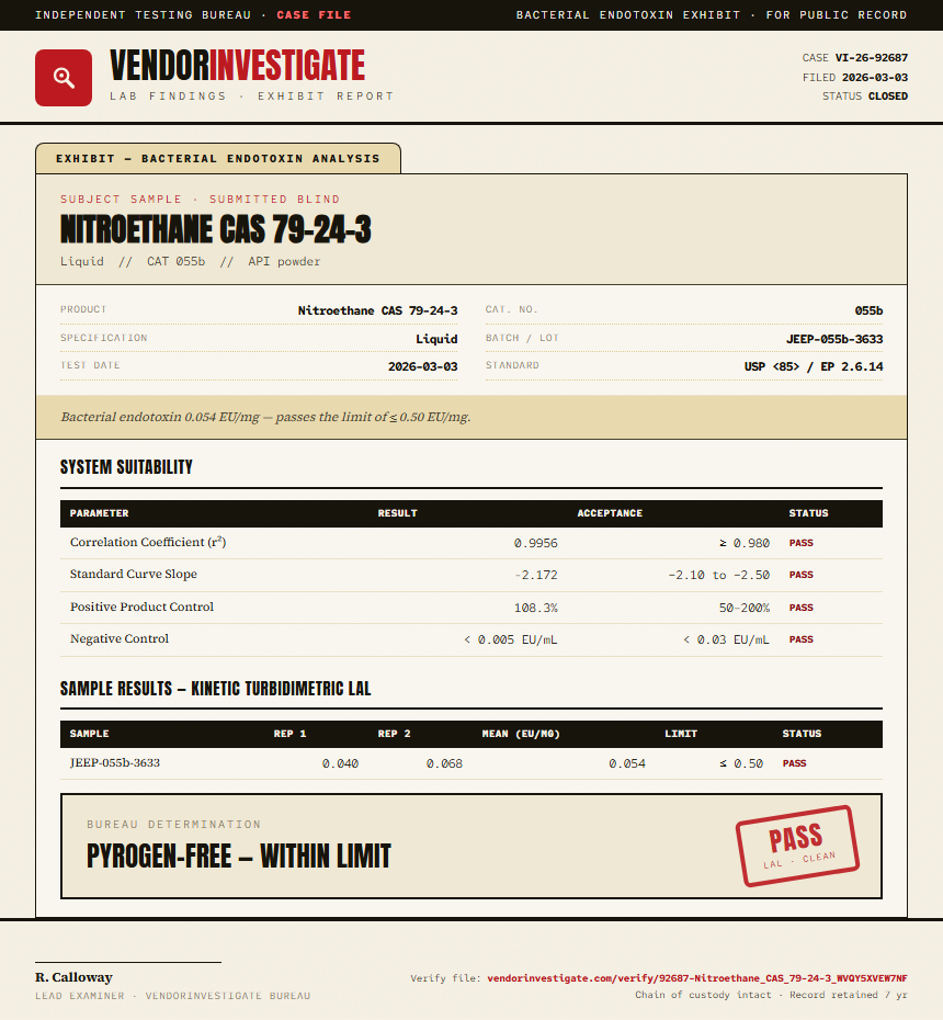 Nitroethane CAS 79-24-3 Endotoxin report by VendorInvestigator