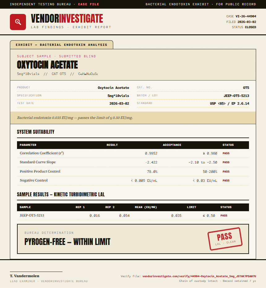 Oxytocin Acetate Endotoxin report by VendorInvestigator