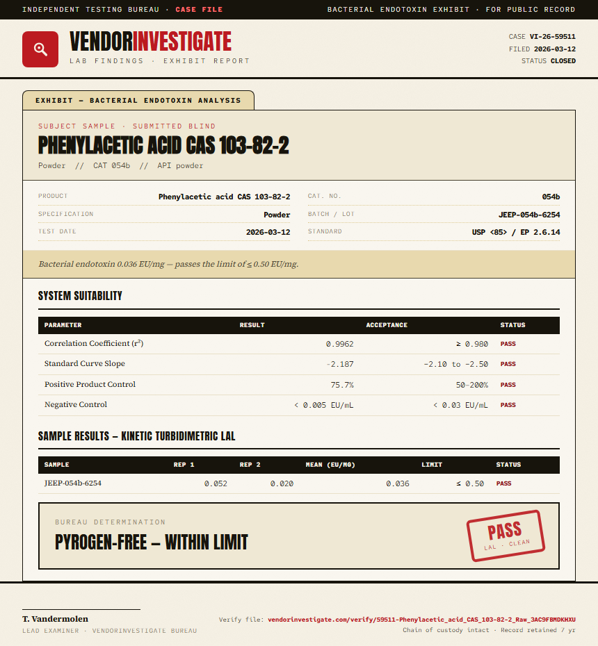 Phenylacetic acid CAS 103-82-2 Endotoxin report by VendorInvestigator