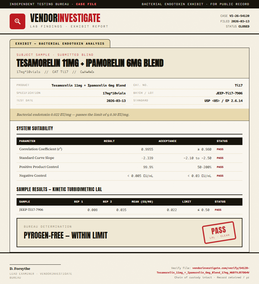 Tesamorelin 11mg + Ipamorelin 6mg Blend Endotoxin report by VendorInvestigator