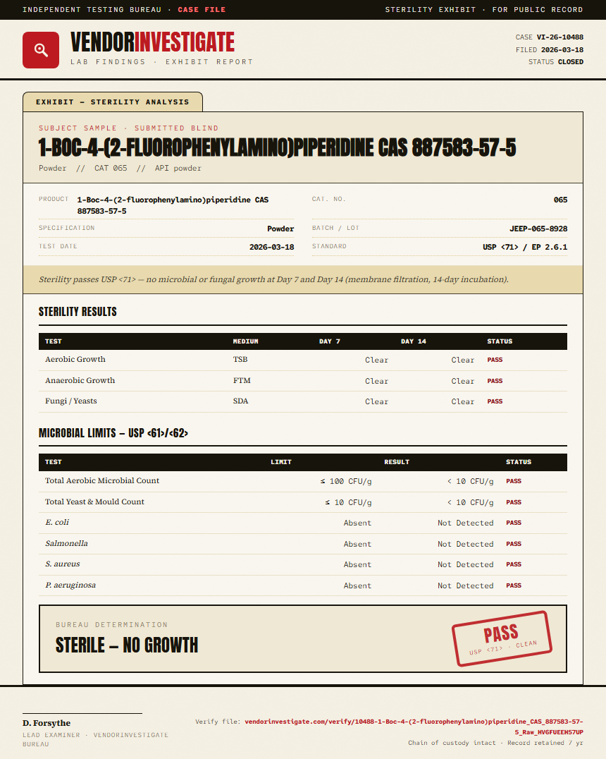 1-Boc-4-(2-fluorophenylamino)piperidine CAS 887583-57-5 Sterility report by VendorInvestigator