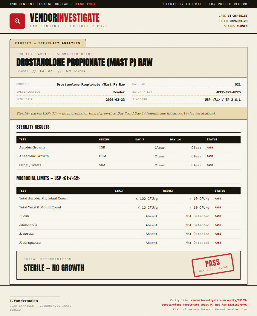 Drostanolone Propionate (Mast P) Raw Sterility report by VendorInvestigator