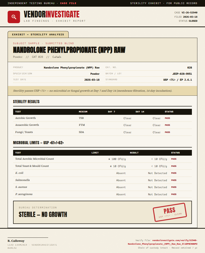 Nandrolone Phenylpropionate (NPP) Raw Sterility report by VendorInvestigator