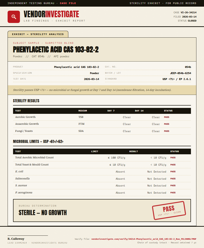 Phenylacetic acid CAS 103-82-2 Sterility report by VendorInvestigator